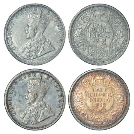 George V, silver ½ rupee (2), 1912, 1x Calcutta mint, no dot, PR 319; GK 1046, 5.83g and 1