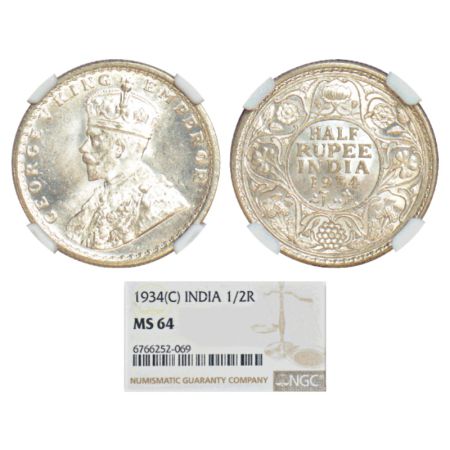 George V, silver ½ rupee, 1934, Calcutta mint, no dot, PR 334; GK 1074. NGC graded MS 64, 