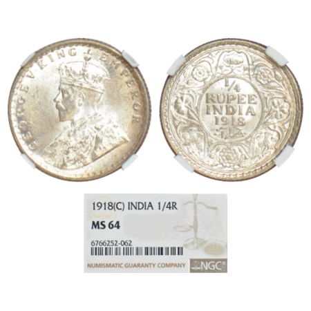 George V, silver ¼ rupee, 1918, Calcutta mint, no dot, PR 447, GK 1091. NGC graded MS 64, 