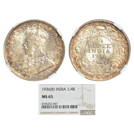 George V, silver ¼ rupee, 1936, Bombay mint, dot, PR 460, GK 1100. NGC graded MS 65, Rare.