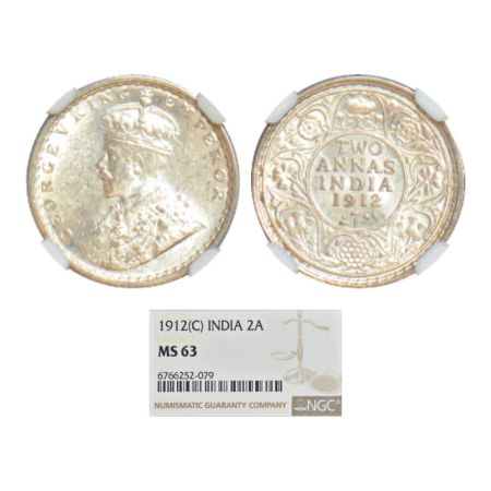 George V, silver 2 annas, 1912, Calcutta mint, no dot, PR 565, GK 1108. NGC graded MS 63, 