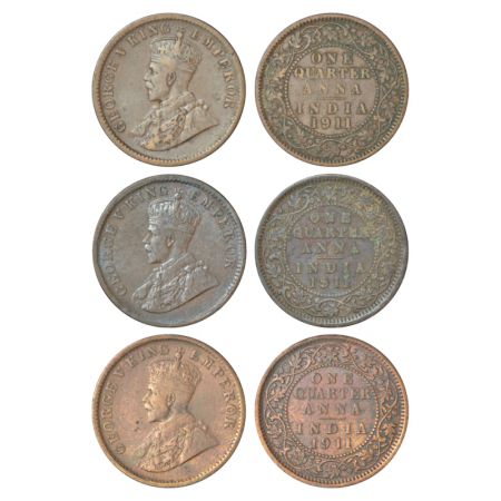 George V, bronze ¼ anna (3), 1911, Calcutta mint, no dot, GK 1171. (3 coins) Very fine, Ve