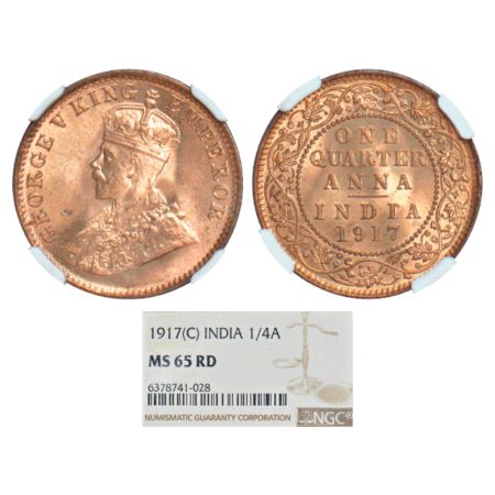 George V, bronze ¼ anna, 1917, Calcutta mint, no dot, PR 662; GK 1176. NGC graded MS 65RD,