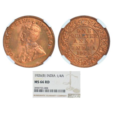 George V, bronze ¼ anna, 1926, Bombay mint, dot, PR 679; GK 1183. NGC graded MS 66RD, Rare