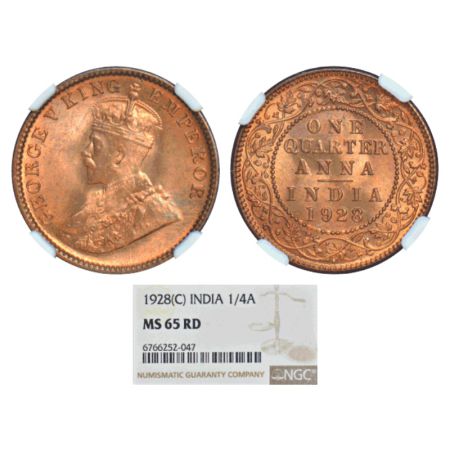 George V, bronze ¼ anna, 1928, Calcutta mint, no dot, PR 669, GK 1188. NGC graded MS 65RD,