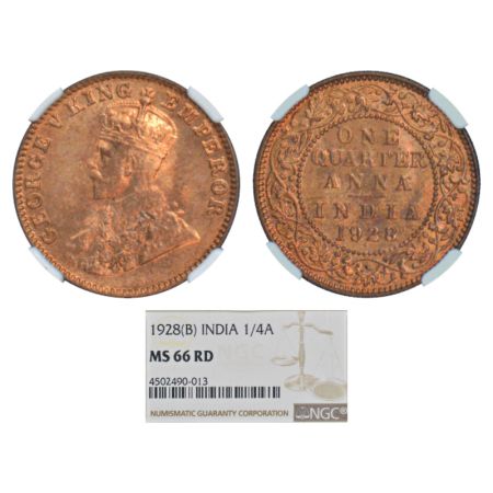 George V, bronze ¼ anna, 1928, Bombay mint, dot, PR 681; GK 1187. NGC graded MS 66RD, Rare