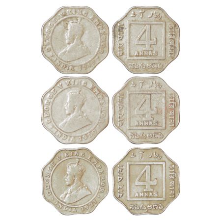 George V, copper-nickel 4 annas (3), 2x Calcutta mint, 1919 and 1920 and 1x Bombay mint, 1