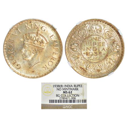 George VI, silver rupee, 1938, Bombay mint, A/I/no dot, PR 233; GK 1254. NGC graded MS62, 