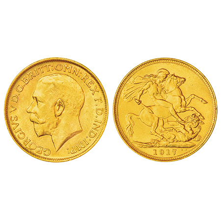 Great Britain, George V, gold sovereign, 1917, 7.98g. Obv: Portrait bust of George V. Rev: