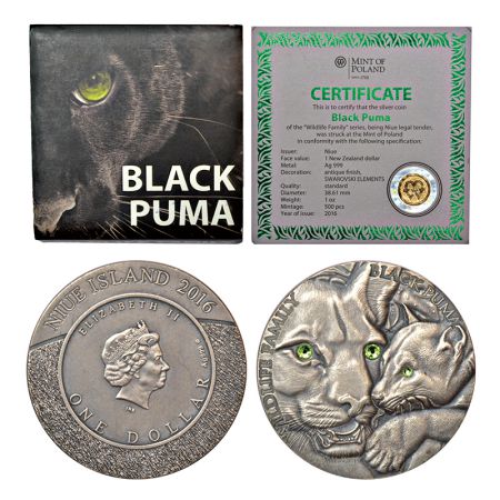 New Zealand, Elizabeth II, Black Puma silver dollar, 1 oz. 2016, struck at mint of Poland.