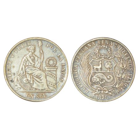 Peru, silver sol, 1875, 'Y.J.' mint mark, 24.79g. Obv: Seated liberty. Rev: Small wreath a