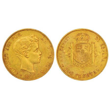 Spain, Alfonso XIII, gold 100 pesetas, Madrid mint, AD 1897, 32.23g. Obv: Child's head rig