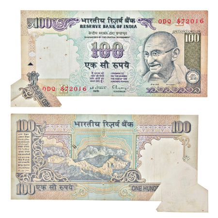 100 rupees, misprint, signed by C. Rangarajan, serial no.: 0DQ 872016, flip error on lower