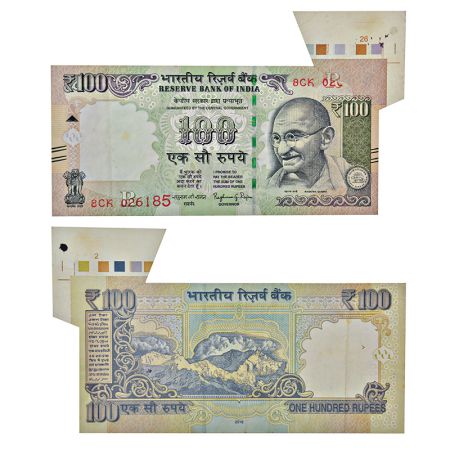 100 rupees, misprint, 2016, signed by Raghuram G. Rajan, inset 'R', serial no.: 8CK 026185