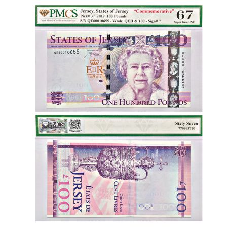 Jersey, States of Jersey, 100 pounds, 2012, Commemorative, serial no. QE60010655, Pick 37.