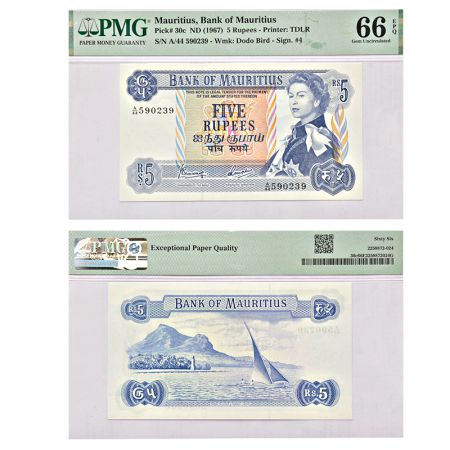 Mauritius, Bank of Mauritius, 5 rupees, ND (1967), serial no. A44 590239, Pick 30c. PMG gr