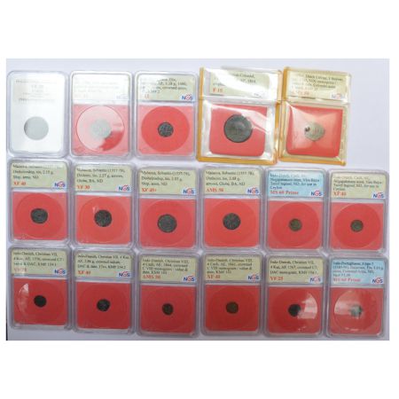 A group of 17 graded coins, includes 5x Indo-Danish, 2x Indo-Dutch, 3x Indo-Portuguese, 4x