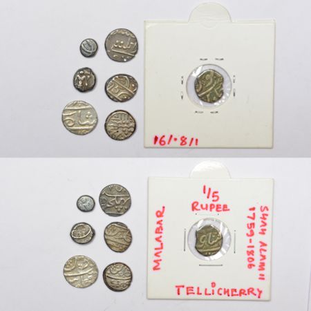 A group of 7 assorted silver coins, includes 4x Bombay presidency 1/5 rupee, 1x Indo Frenc