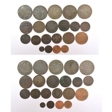 A group of 21 East India Company presidency copper coins, mostly Bengal and Madras preside