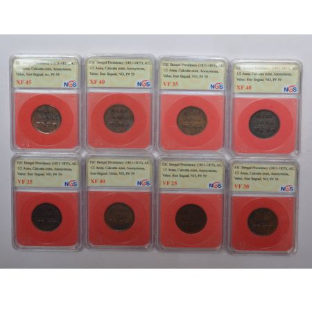 A group of 8 Bengal Presidency copper ½ anna, all Calcutta mint and graded by NGS of India