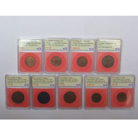 A group of 9 East India Company copper coins, 4x Bombay presidency, ½ anna, 1834; ¼ anna, 