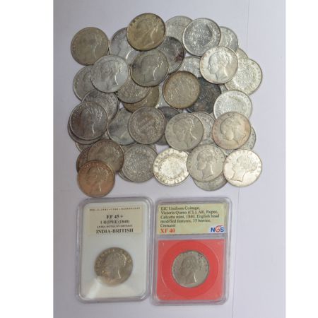 A group of 50 Victoria Queen silver rupee of 1840, all continuous legend, includes various