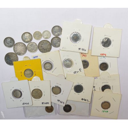A group of 25 Victoria silver coins, includes Queen and Empress, 3x ½ rupee, 6x ¼ rupee an
