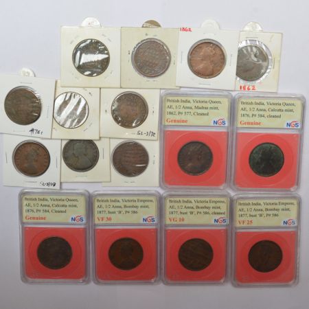 A group of 16 Victoria copper ½ anna, 1862 (9), 1876 (3) and 1877 (4). (16 coins)