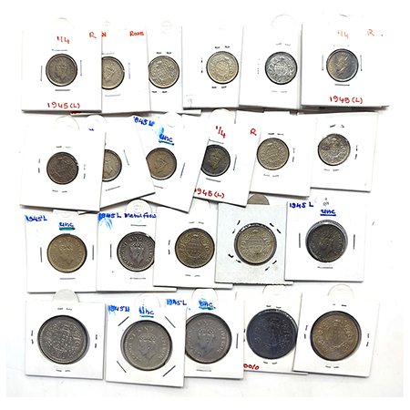 A group of 23 George VI half silver coins, includes 5x rupee, 5x ½ rupee and 13x ¼ rupee, 