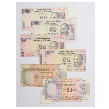 A group of 6 misprint notes, 50 rupees, various Governor signed and various types of mispr