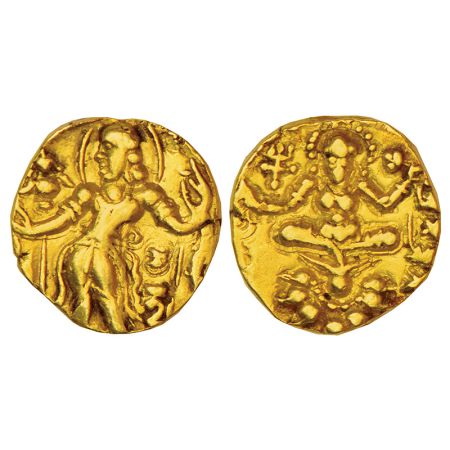 Gupta Empire, gold dinar of Chandra Gupta II (375-415 AD), 'Archer-Goddess on Lotus' type,