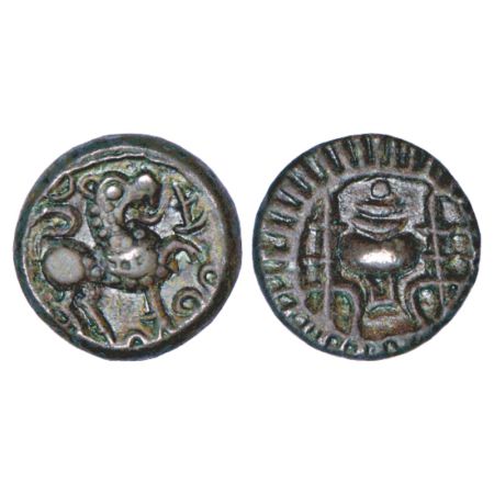 Vishnukundin, uninscribed coin of alloyed copper, (500-600 AD), 7.88g. Obv: Lion facing to