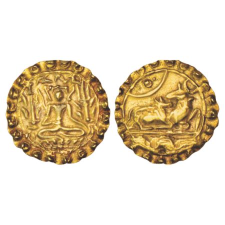 Samatata region, gold Dinar of 'Ratnattraya' type (700-800 AD), ECB SAM21.1B, 5.55g. Obv: 