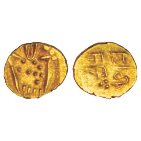 Marathas of Gingee, Raja Ram (1690-1698 AD), gold fanam, 0.34g. Obv: Stylized half length 