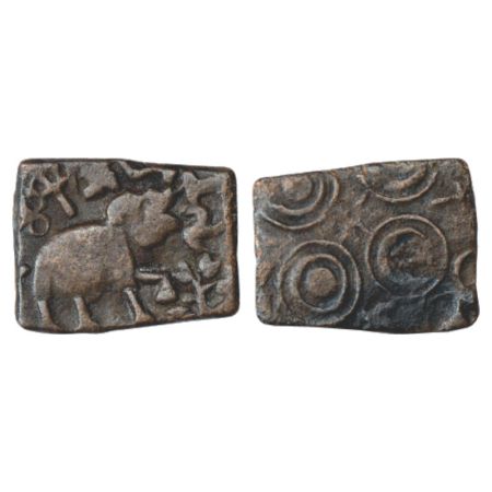 Ancient, copper coin attributed to Siri Satakani (100-50 BC), 1.62g. Obv: Elephant with tr
