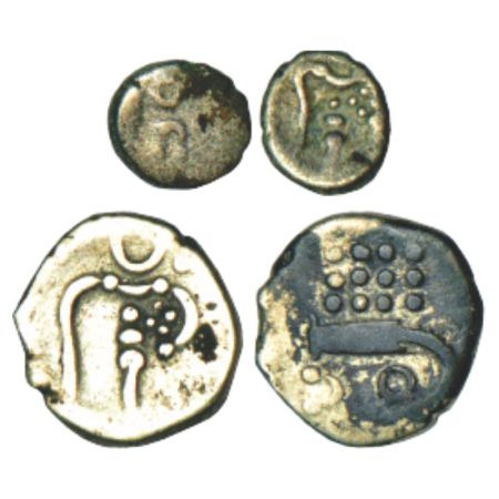 Cochin, British protectorate, silver puttan, 0.33g and 2 puttuns, 0.98g. Obv: Sun and moon