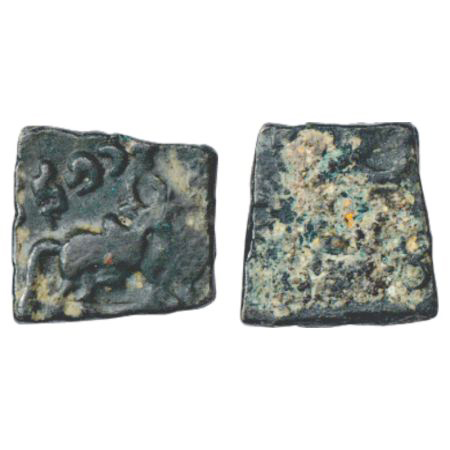 Ancient, copper coin of Kutapada, Bull type, 3.83g. Obv: Bull walking to right, brahmi leg