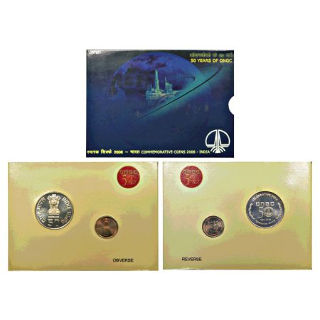 2006, 50 Years of ONGC, UNC set of 2 coins, 50 rupees and 5 rupees, Kolkata mint, RB 308, 