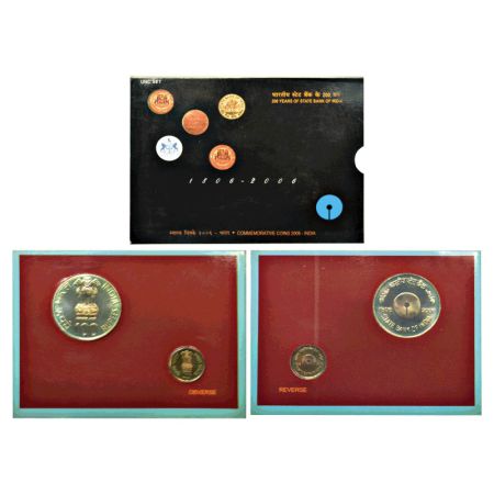 2006, 200 Years of State Bank of India, UNC set of 2 coins, 100 rupees and 5 rupees, Kolka