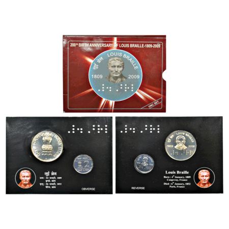 2009, 200th Birth Anniversary of Louis Braille, UNC set of 2 coins, 100 rupees and 2 rupee
