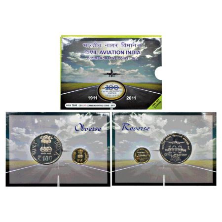 2011, Civil Aviation India, UNC set of 2 coins, 100 rupees and 5 rupees, Bombay mint, in o