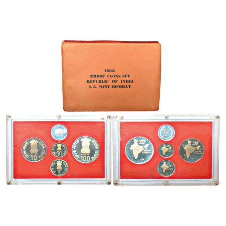 1982, National Integration, Proof set of 4 coins, 100 rupees, 10 rupees, 2 rupees and 50 p