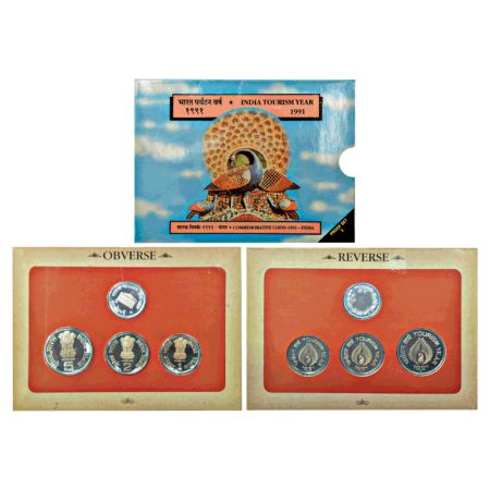 1991, India Tourism Year, Proof set of 3 coins, 5 rupees, 2 rupees and 1 rupee, Bombay Min