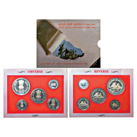 1993, 1992, Quit India Movement, Proof set of 4 coins, 100 rupees, 50 rupees, 10 rupees an
