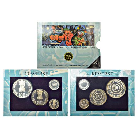 1994, World of Work, Proof set of 3 coins, 100 rupees, 50 rupees and 5 rupees, Bombay mint