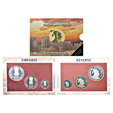 1999, Chhatrapati Shivaji, Proof set of 3 coins, 100 rupees, 50 rupees and 2 rupees, Mumba