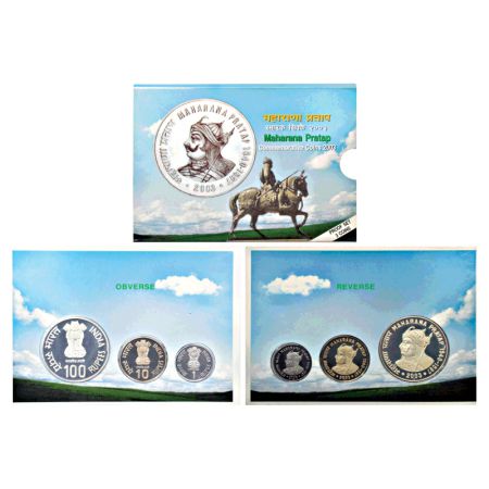 2003, Maharana Pratap, Proof set of 3 coins, 100 rupees, 10 rupees and 1 rupee, Mumbai min