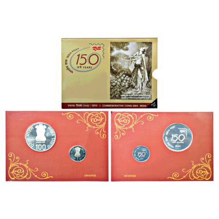 2004, 150 Years of India Post, Proof set of 2 coins, 100 rupees and 1 rupee, Kolkata mint,