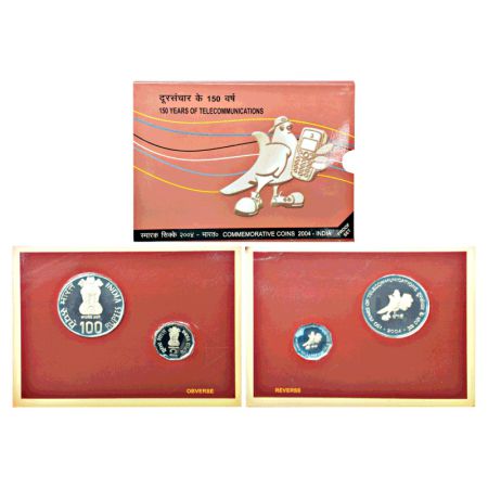 2004, 150 Years of Telecommunications, Proof set of 2 coins, 100 rupees and 2 rupees, Kolk