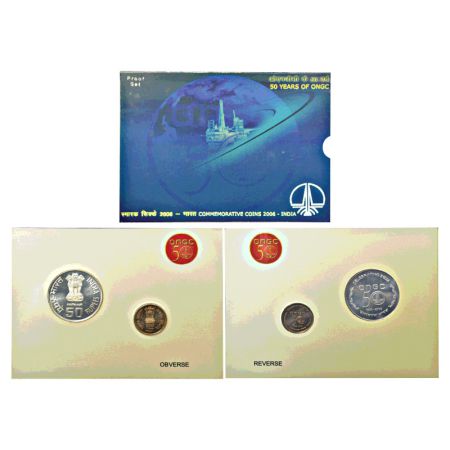 2006, 50 Years of ONGC, Proof set of 2 coins, 50 rupees and 5 rupees, Kolkata mint, RB 307